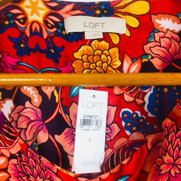 New Loft Womens High Low Blouse Sz Large Long Sleeve Vibrant Floral Print NWT - Picture 2 of 13